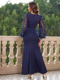 Navy Beaded Sleeve Evening Dress