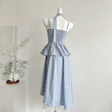 Floral Embellishments Blue and White Summer Halter Dress