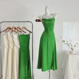 Elegant Green Ruched Bodice Halter Maxi Dress