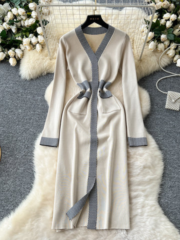 Decorative Belt Long Beige Midi Dress