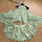 Layered Ruffle Hem Light Green Halter Chiffon Dress