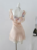 Ruffled Straps Sheer Floral Print Dress