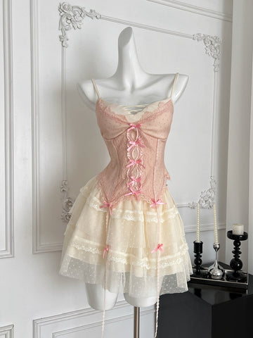 Pink Bow Lace Fairycore Aesthetic Corset Dress