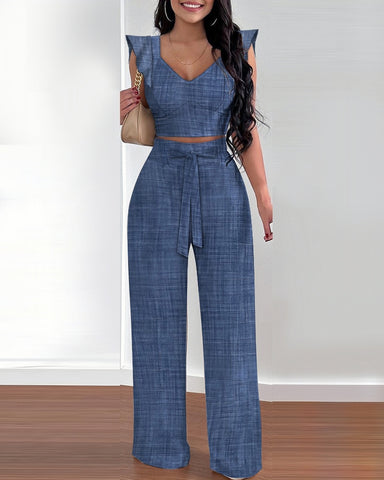 2 Piece Outfits Shirred Crop Top Pocket Wide Leg Casual Pants