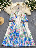 Long Sleeves Waist Tie Floral Print Maxi Dress