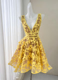 Vintage Golden Backless Yellow Lace Dress