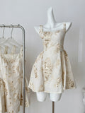 Square Neck Party Ready Gold Embroidered Linen Dress