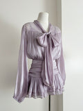 Purple 3 Piece Sheer Long  Sleeve Blouse With Skirt