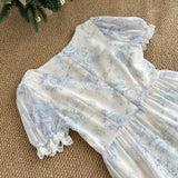 Blue Tiered Sash Ruffles Floral Print Dress