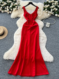 V Neck Mesh Red Satin Evening Dress