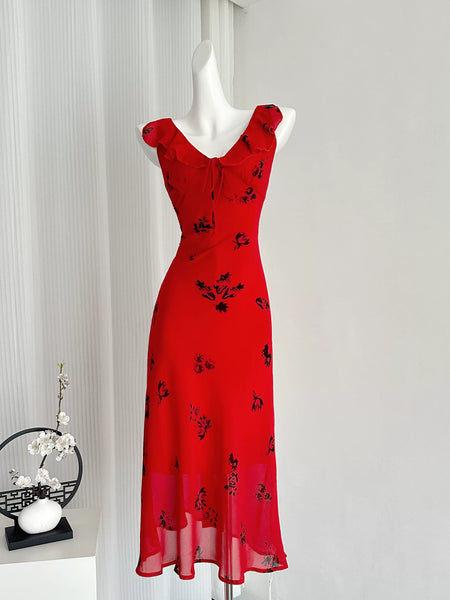 Delicate Floral Embellishments Flared Hem Red Maxi Dress