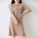 Elegant Cozy Long Sleeves Taupe Pleated Midi Sweater Dress