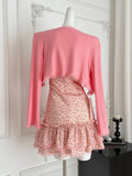 Ruffled Hem Cardigan Pink Floral Print Spaghetti Strap Mini Dress