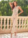 Sparkle Halter Shine Backless Gold Sequin Jumpsuit