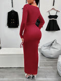 Red Off-Shoulder Ribbed Knit Midi Dress