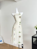 Colorful Floral Embroidery Halter Neck Midi Dress