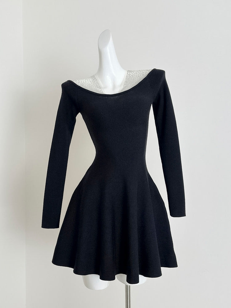 Sparkling Sheer Yoke Flared Hem Elegant Black Knit Mini Dress Ncocon Sparkling Sheer Yoke Flared Hem Elegant Black Knit Mini Dress Ncocon