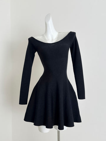 Sparkling Sheer Yoke Flared Hem Elegant Black Knit Mini Dress