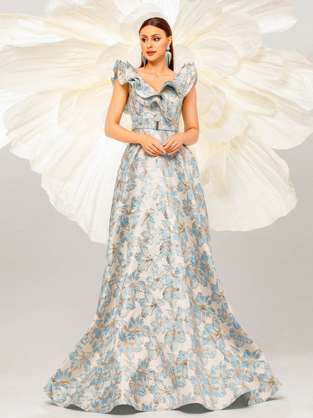 Ruffle Floral Jacquard Print Prom Dress