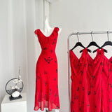 Delicate Floral Embellishments Flared Hem Red Maxi Dress