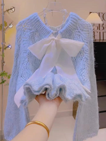 White Bow Delicate Baby Blue Sweater