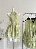 Unique Light Green Halter Neck Ruffled Mini Dress