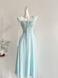 Dreamy Light Blue Tulle Square Neck Midi Dress