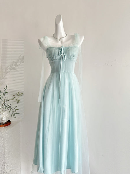 Dreamy Light Blue Tulle Square Neck Midi Dress