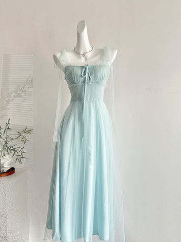 Dreamy Light Blue Tulle Square Neck Midi Dress