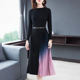 Gradient Pleated Skirt Long-Sleeve Ribbed Dress
