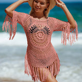 Crochet Fringe Detail Cover Up Mini Dress