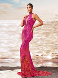 Fuchsia High Neck Sequin Trumpet Mermaid Prom Dress