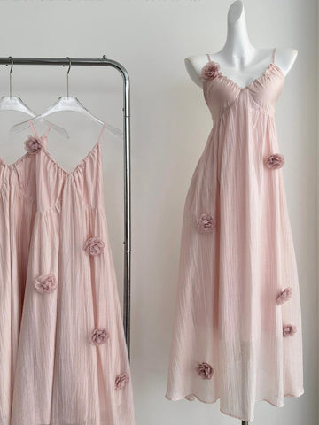 Delicate Flower Light Pink Spaghetti Strap Maxi Dress