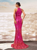 Fuchsia High Neck Sequin Trumpet Mermaid Prom Dress
