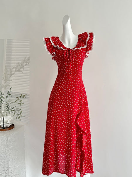 White Pattern Summer Ruffled Red Midi Dress
