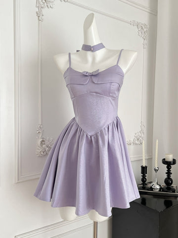 Halter Neck Lavender Satin Mini Dress with Bow