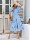 Elegant Blue Tiered Chiffon Midi Print Dress
