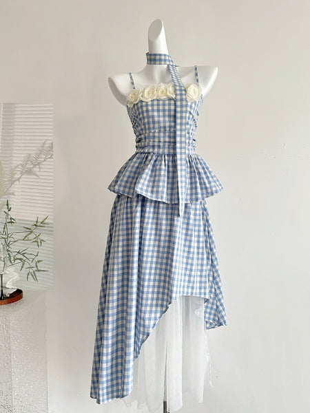 Floral Embellishments Blue and White Summer Halter Dress