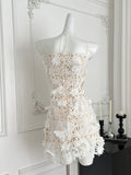 Exquisite White Floral Lace Strapless Mini Dress
