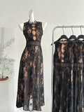 Elegant Sleeveless High Neck Lace Midi Dress
