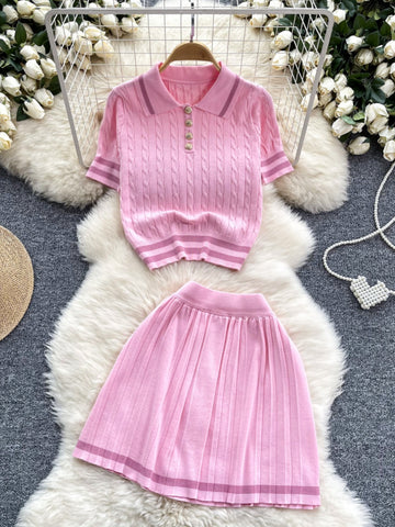 Button-Up Pleated Skirt Top Pink Two-Piece Knit Set