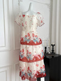 Red Bow Strawberry Printed Puff Sleeve Tiered Dress