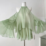 Layered Ruffle Hem Light Green Halter Chiffon Dress
