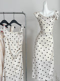 Asymmetric Ruffled Cream Polka Dot Midi Dress