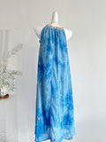Embroidered Floral Patterns Blue Halter Neck Maxi Dress