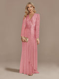 Navy V Neck Long Sleeve Waist Guest Prom Dress