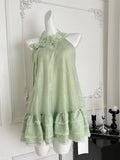 Floral Neckline Mint Green Halter Dress