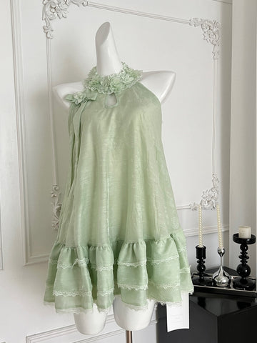 Floral Neckline Mint Green Halter Dress