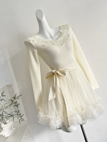 Cream Lace Trimmed Long Sleeve Balletcore Dress