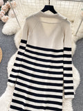 Zippered Collar Striped Knit Midi Dress